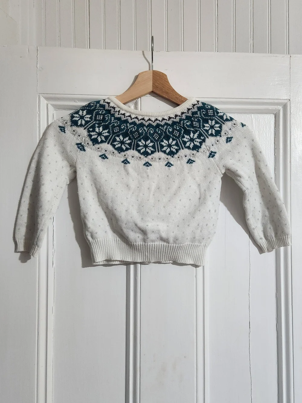 Janie and Jack White Crewneck Sweater with Teal Fair Isle‎ Yoke 2T